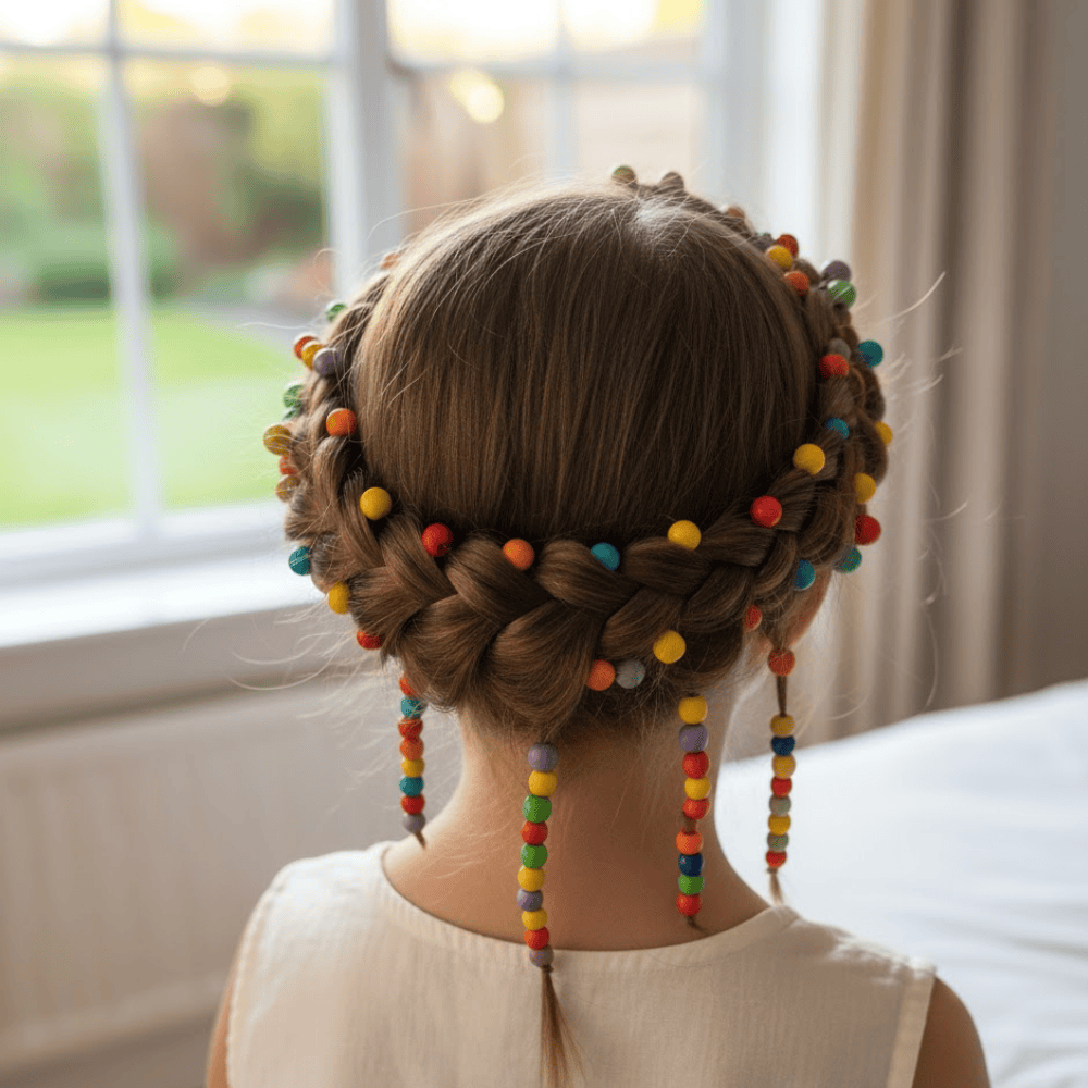 Rear view of braided hairstyle wrapped into a crown with multicolored beads near a window indoors.