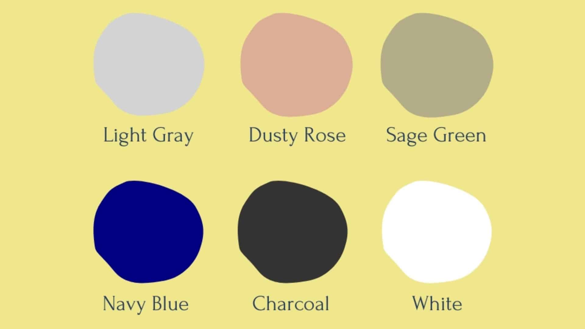 Color palette showing the best colors that pair with khaki including light gray dusty rose sage green navy charcoal and white