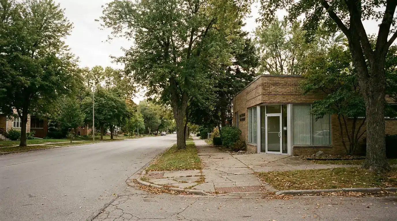 Quiet suburban street with trees and brick building under overcast sky