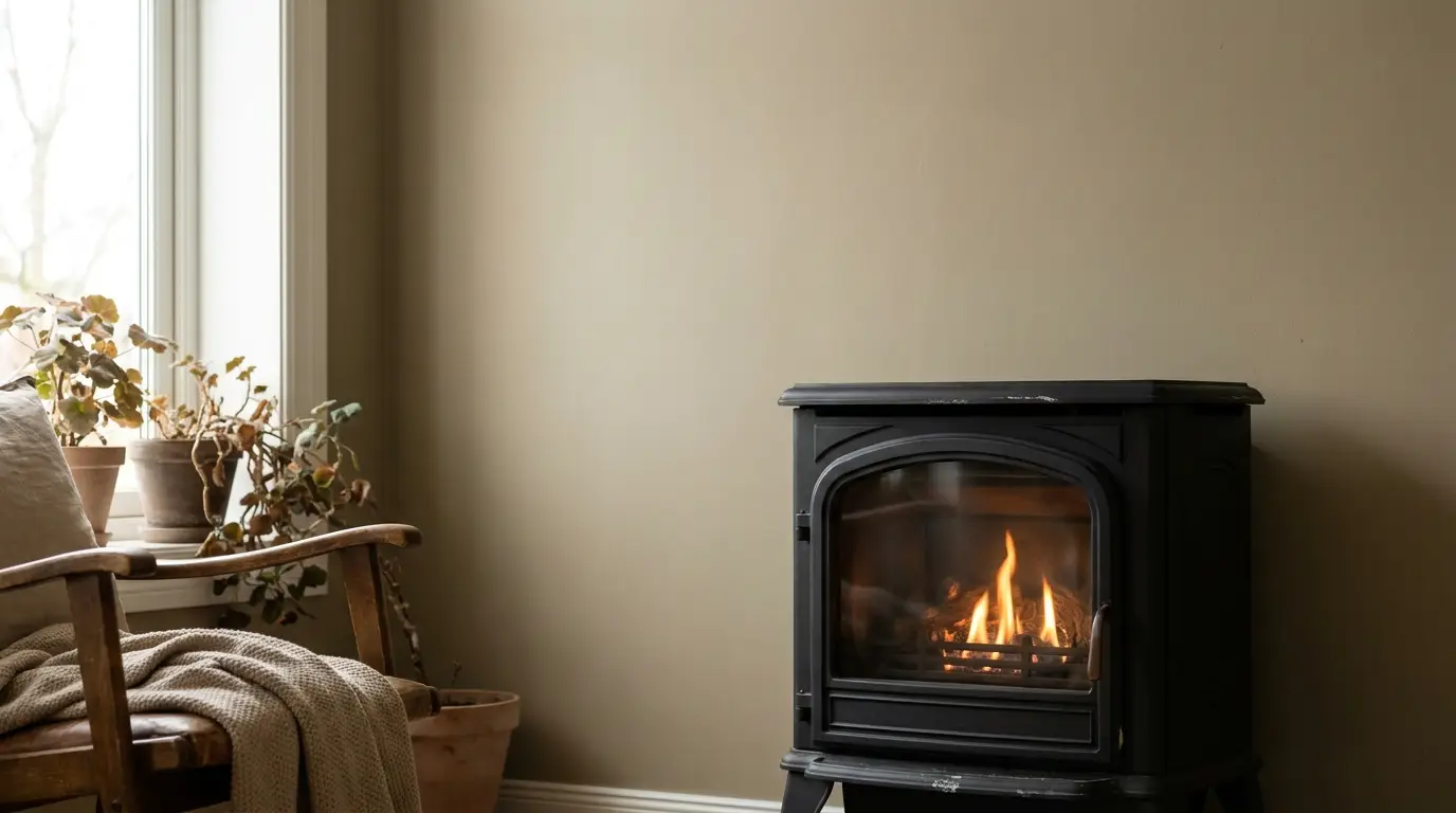 Cozy corner with a lit black stove and wooden chair beside potted plants