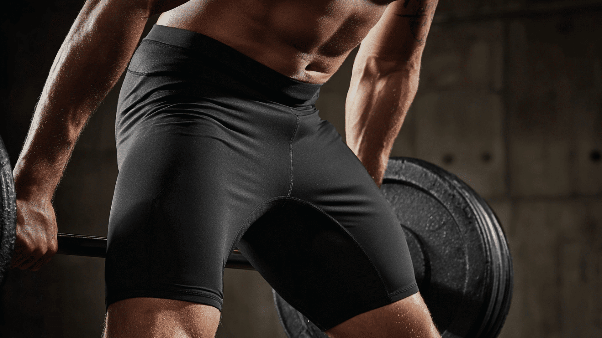Man wearing black compression shorts during strength training for muscle support and performance.