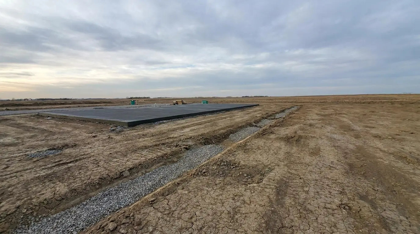 Concrete foundation slab in a vast, barren construction site under overcast sky