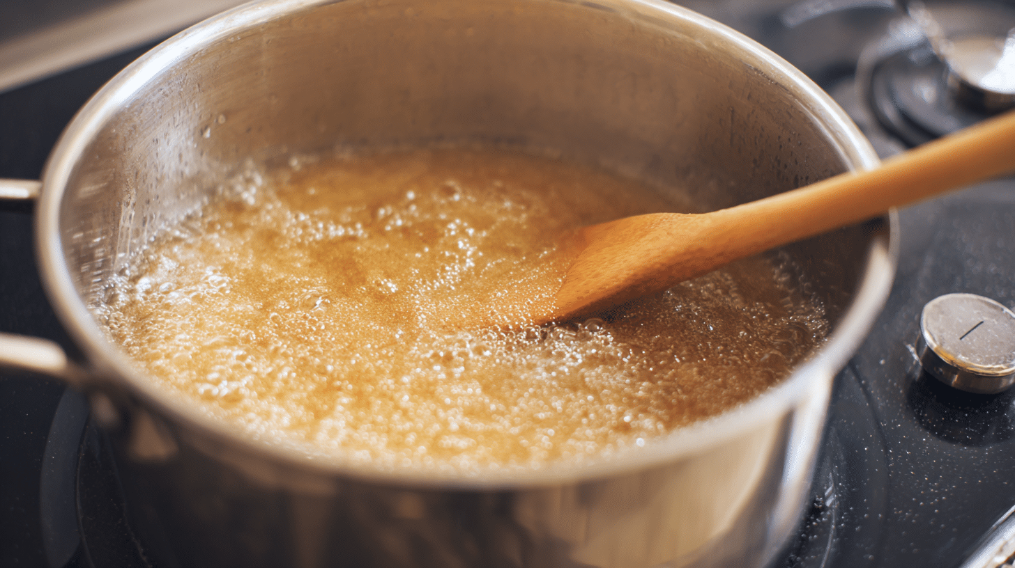 Sugar wax mixture bubbling and turning golden while cooking on stove