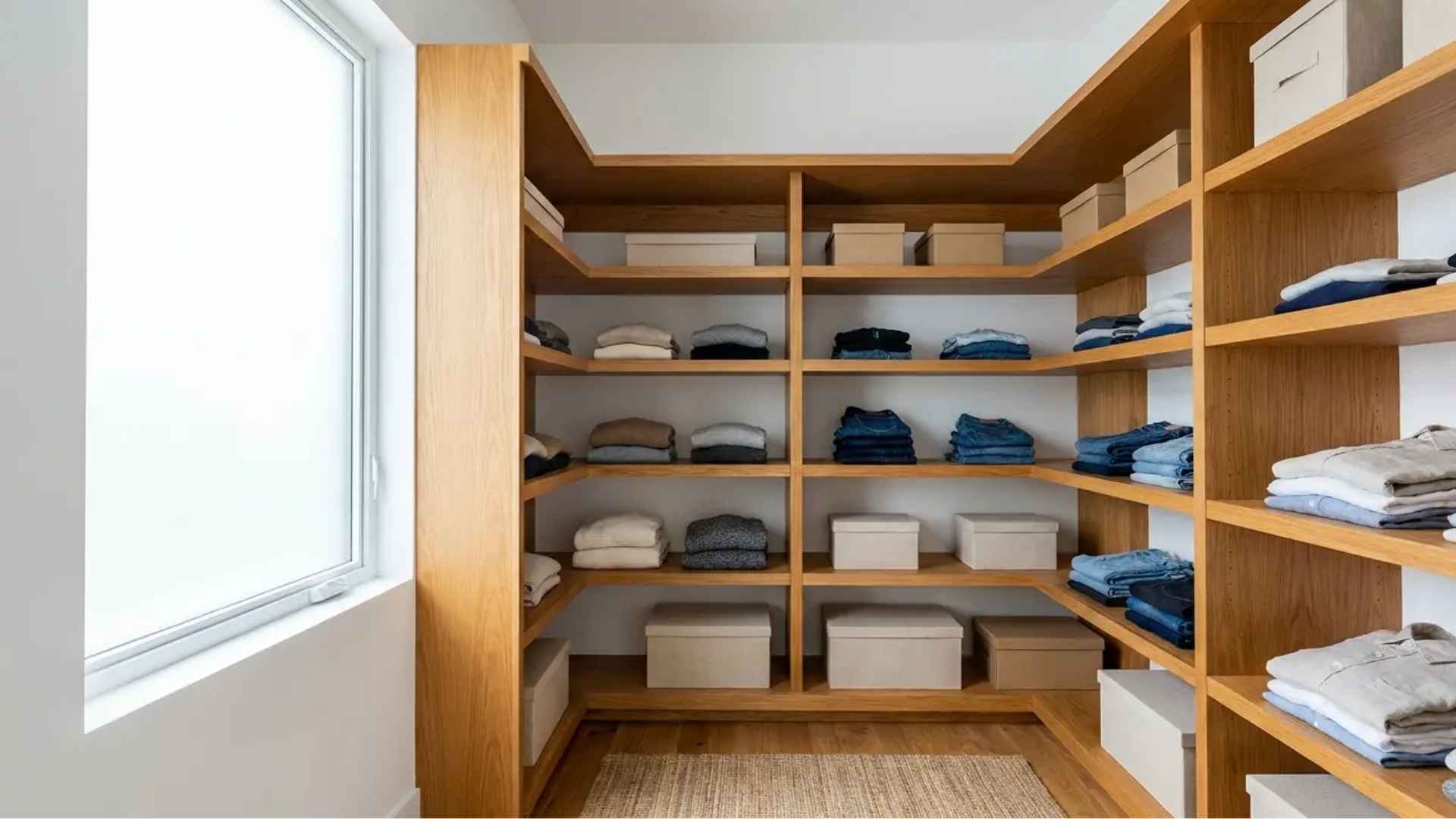 L-shaped closet shelving wrapped around a corner to maximize wall storage space