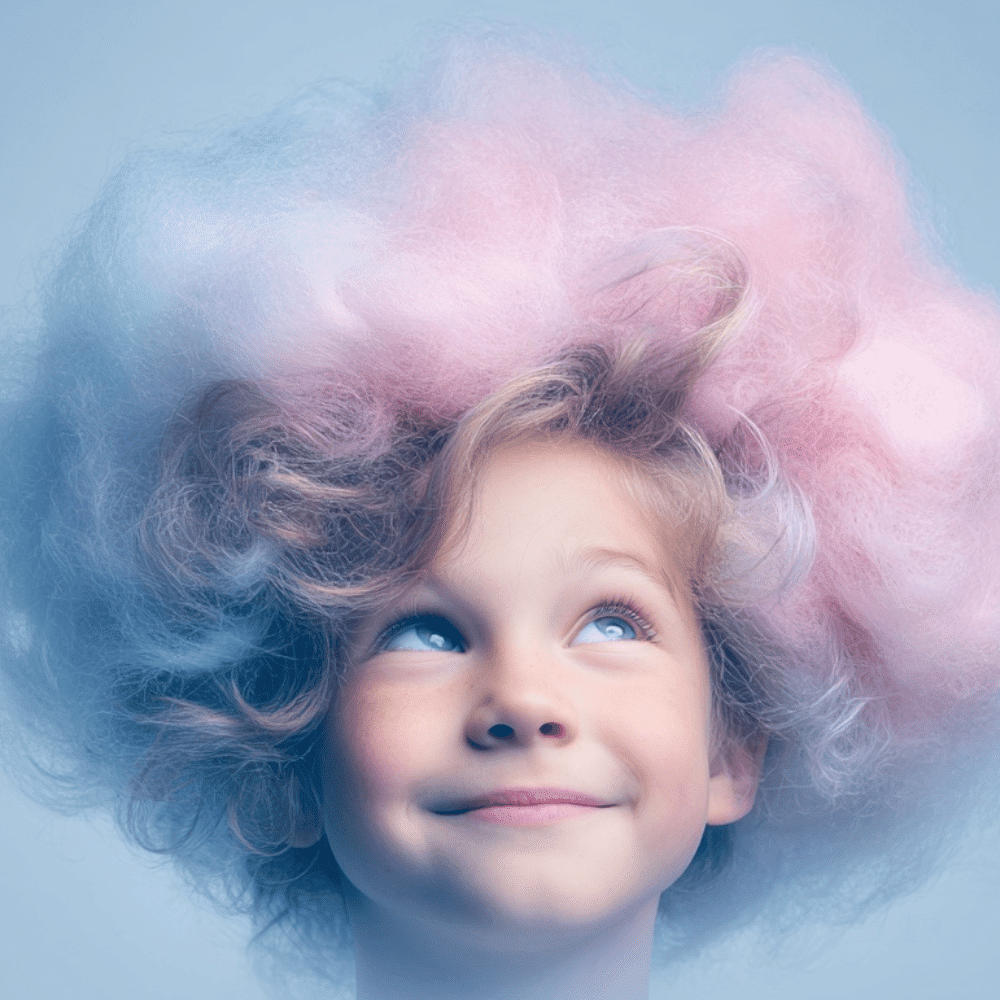 Child with fluffy pastel cotton candy inspired hair in pink and blue colors.