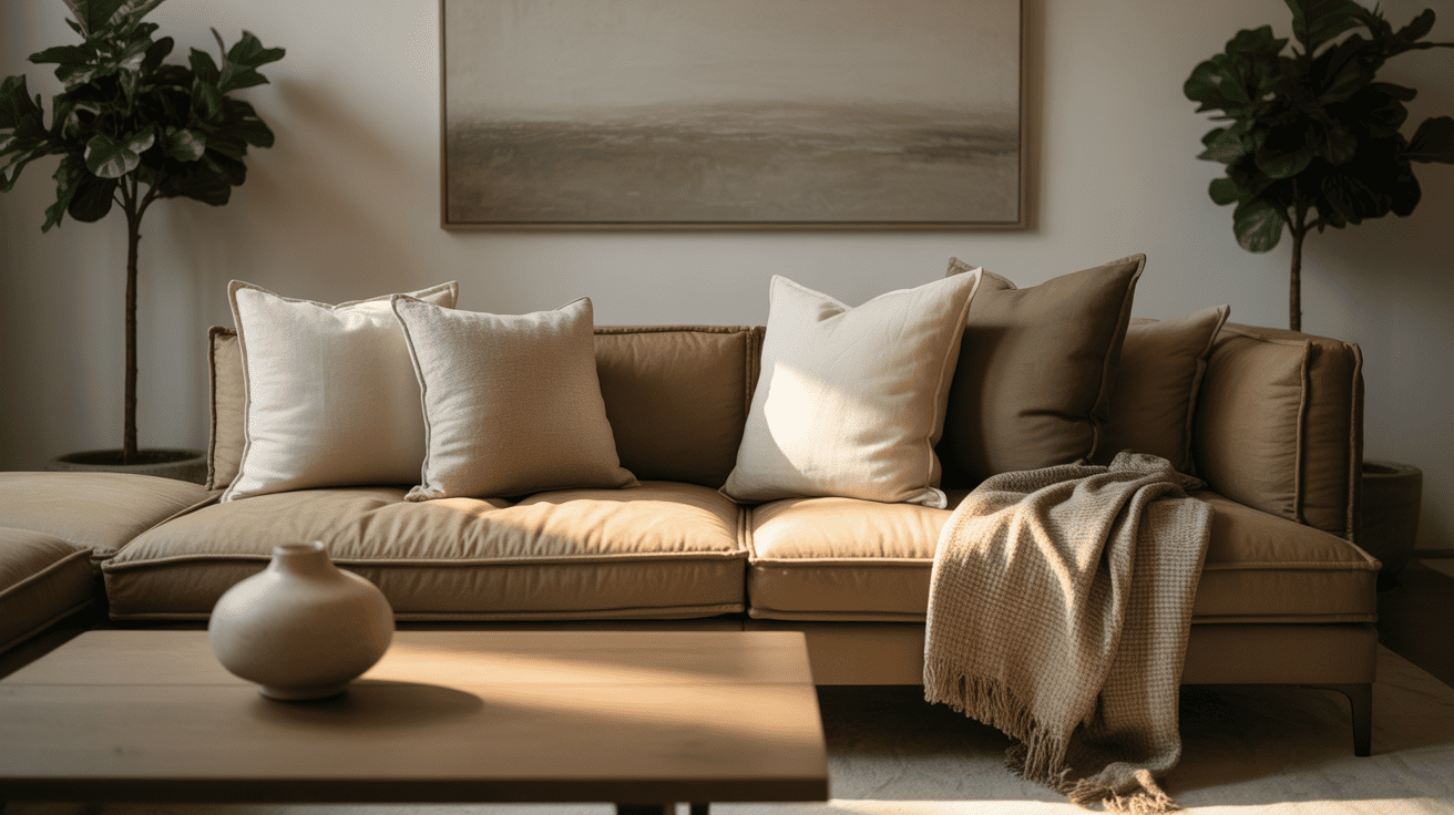 Modern living room featuring khaki sofa and neutral decor creating a warm and inviting interior design style