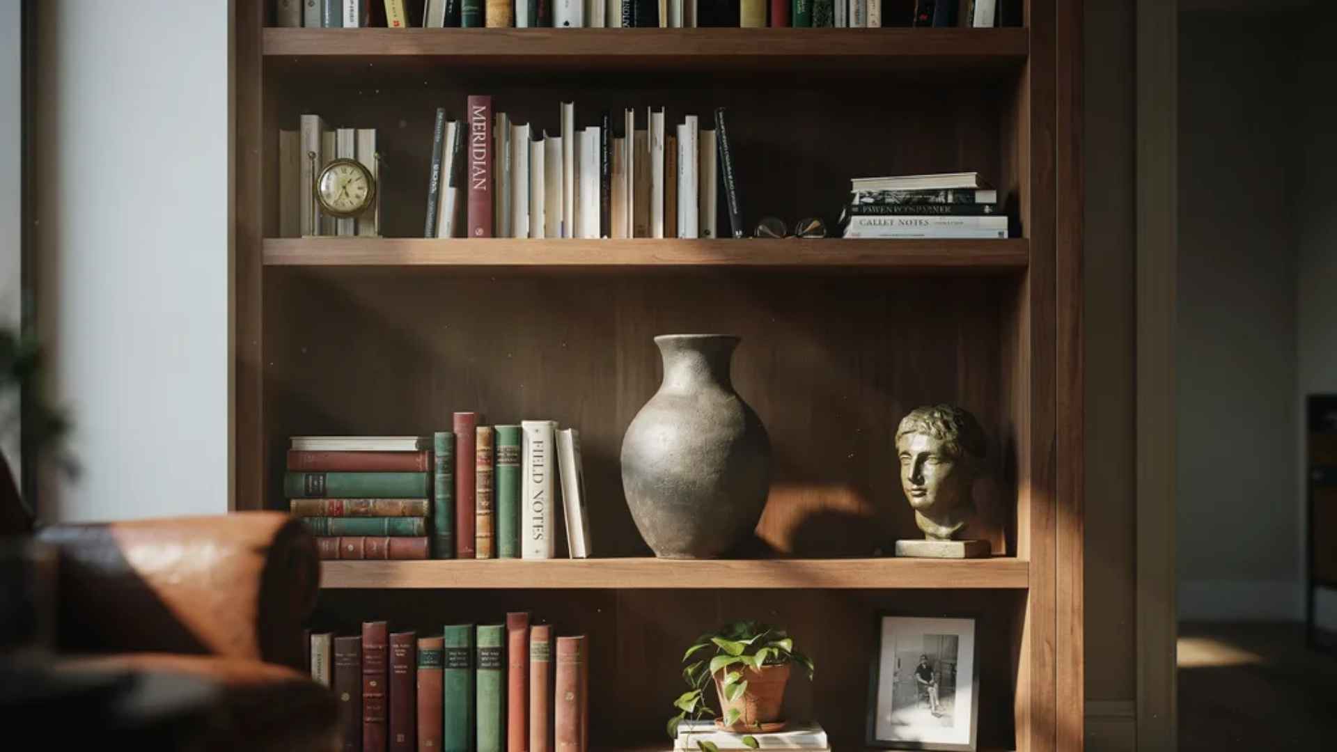 Large statement vase serving as the centerpiece of a bookshelf