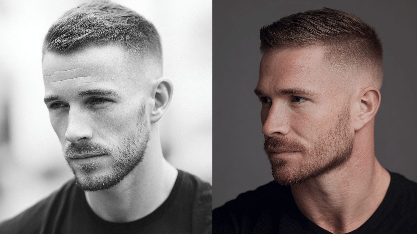Classic crew cut hairstyle with a widow’s peak featuring a clean and polished appearance