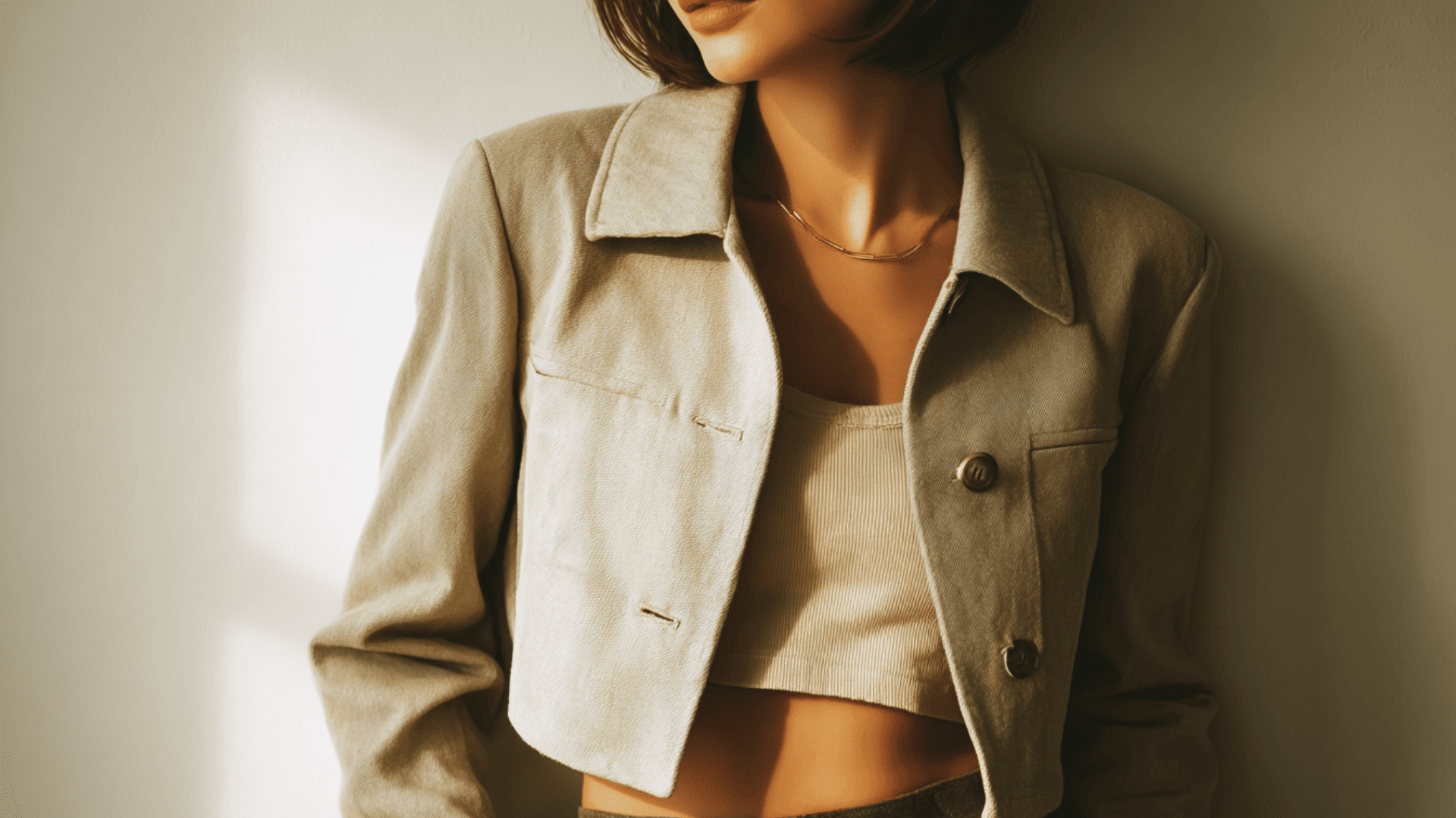 Cropped jacket ending above the waist for modern layered fashion styling