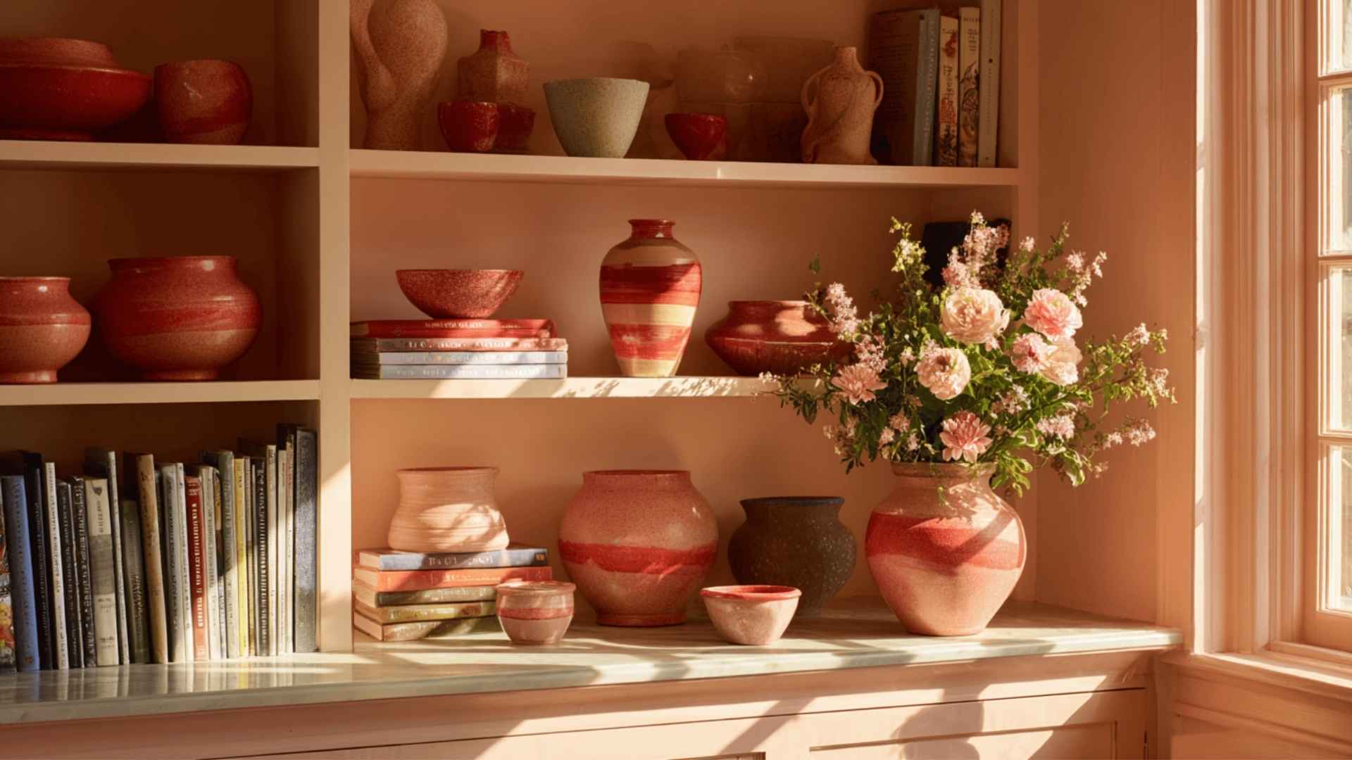 Small pottery pieces grouped together as a curated shelf collection