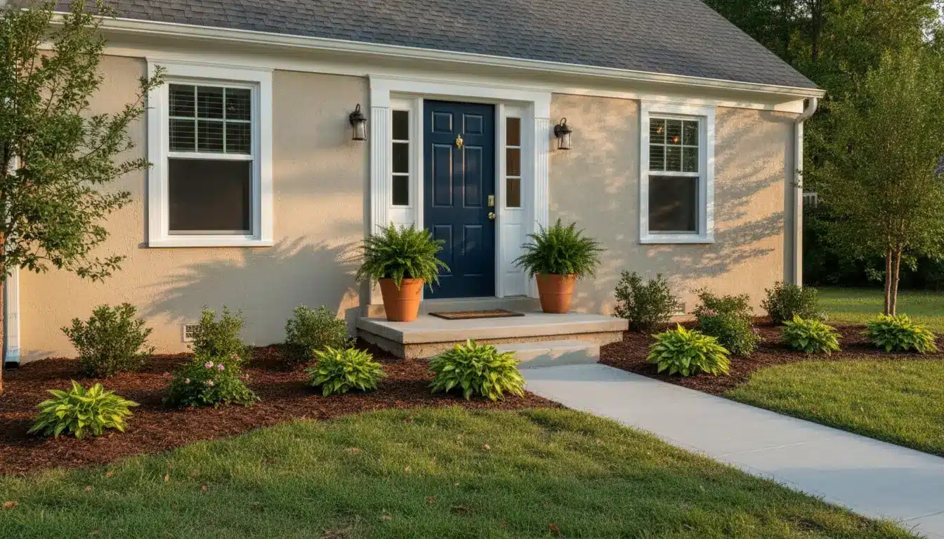 Front door with potted ferns and landscaped shrubs on a sunlit walkway