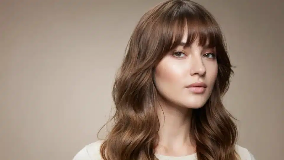 Woman wearing bouncy curled curtain bangs with soft retro inspired volume and smooth face framing waves