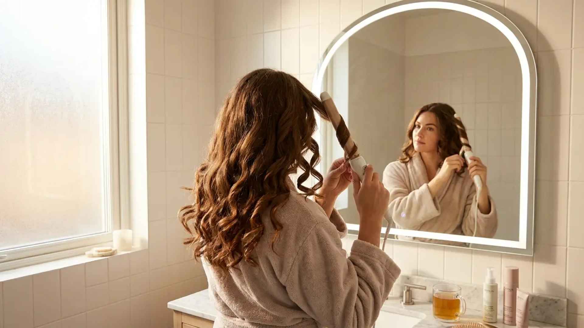 Woman curling long hair with long barrel curling iron in bright bathroom, soft natural light
