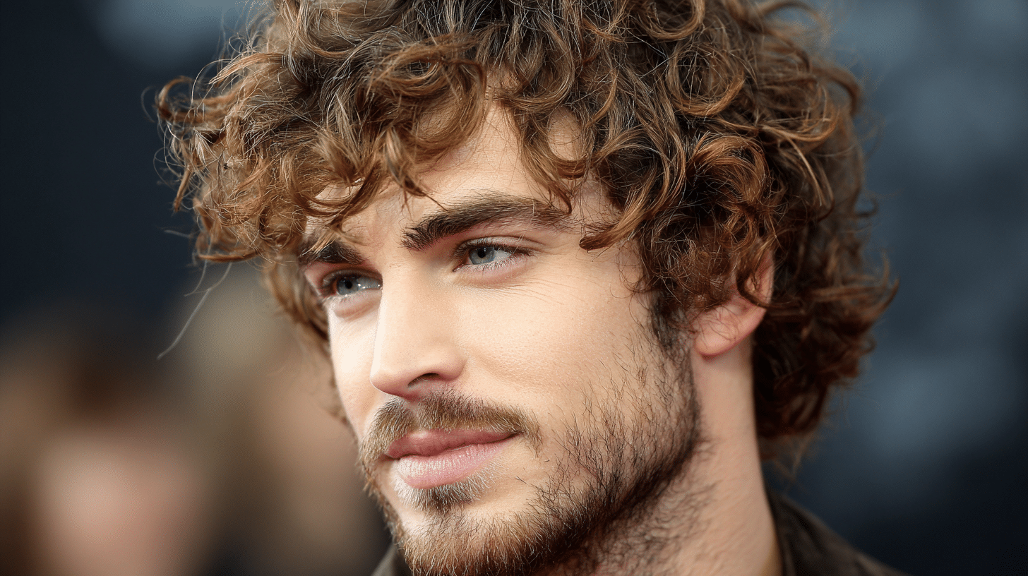 Perm with fringe hairstyle for men with curly bangs and face framing texture