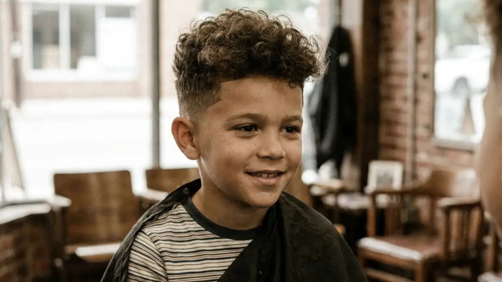 Curly hair fade haircut featuring tight curls on top and clean faded sides, smiling in a modern barber shop setting.