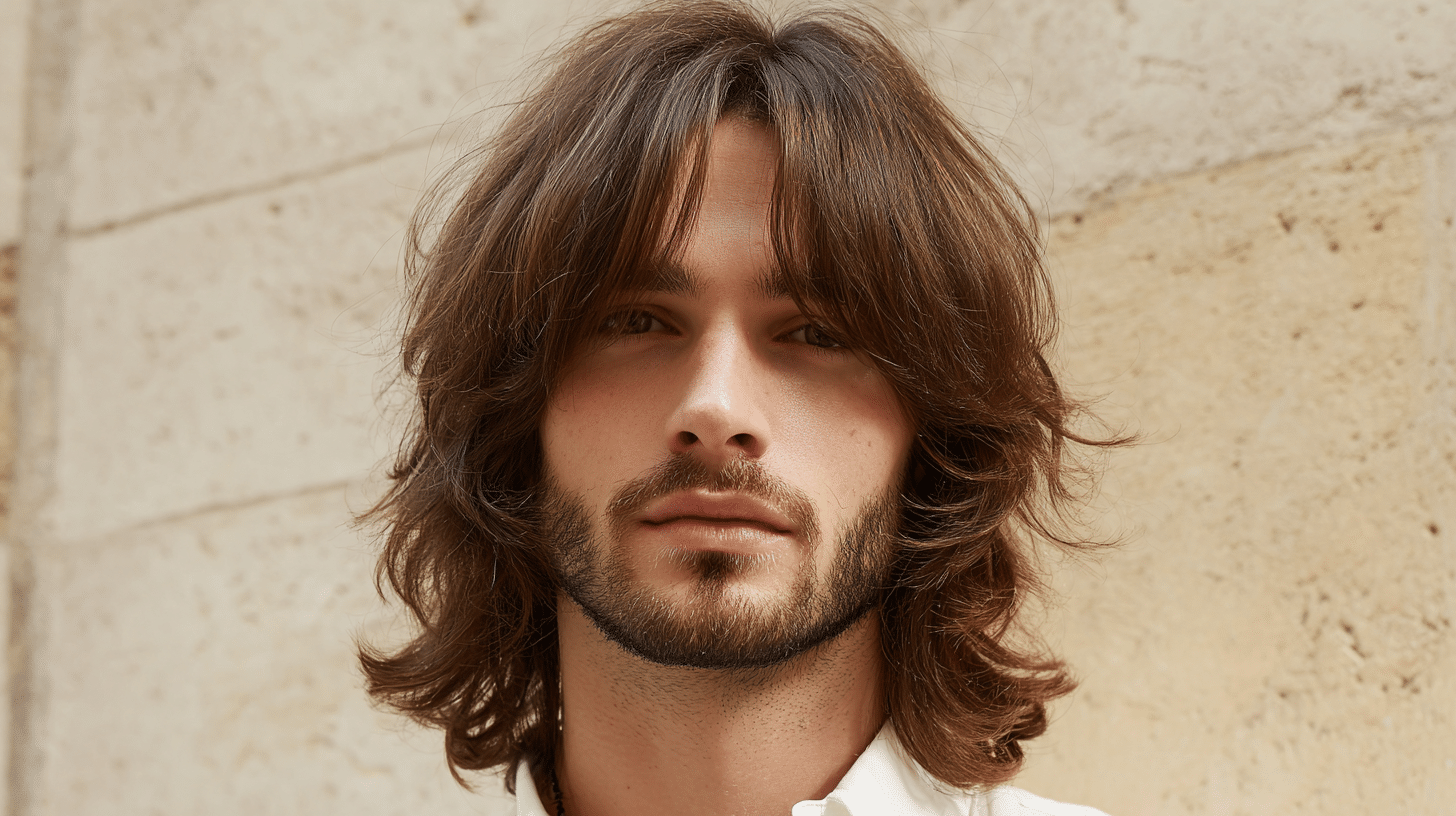 Man with curtain bangs hairstyle and center parted medium hair