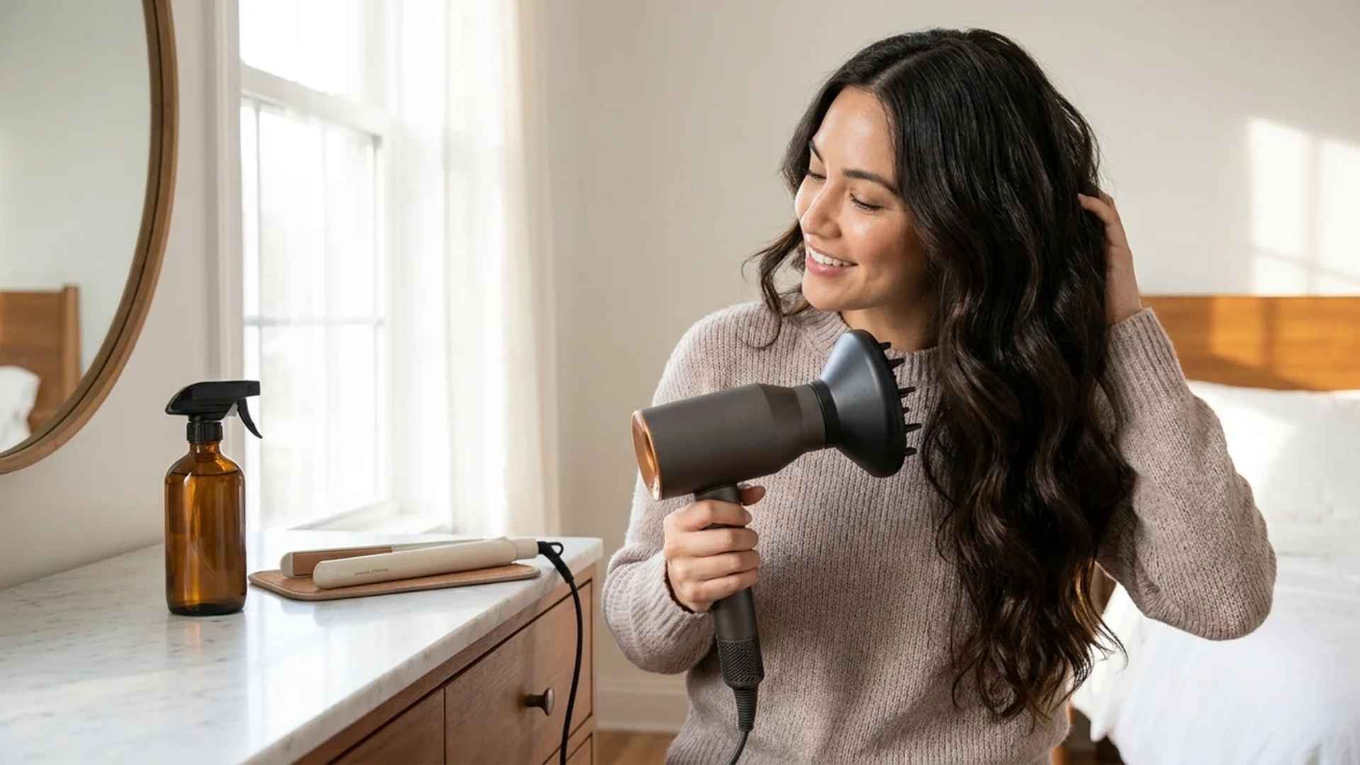 Hair styling tools and heat protectant arranged on vanity to show safer heat styling habits