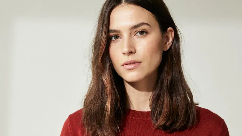 Medium-length dark brown hair with subtle warm highlights styled in a sleek, straight, layered cut with natural shine and texture