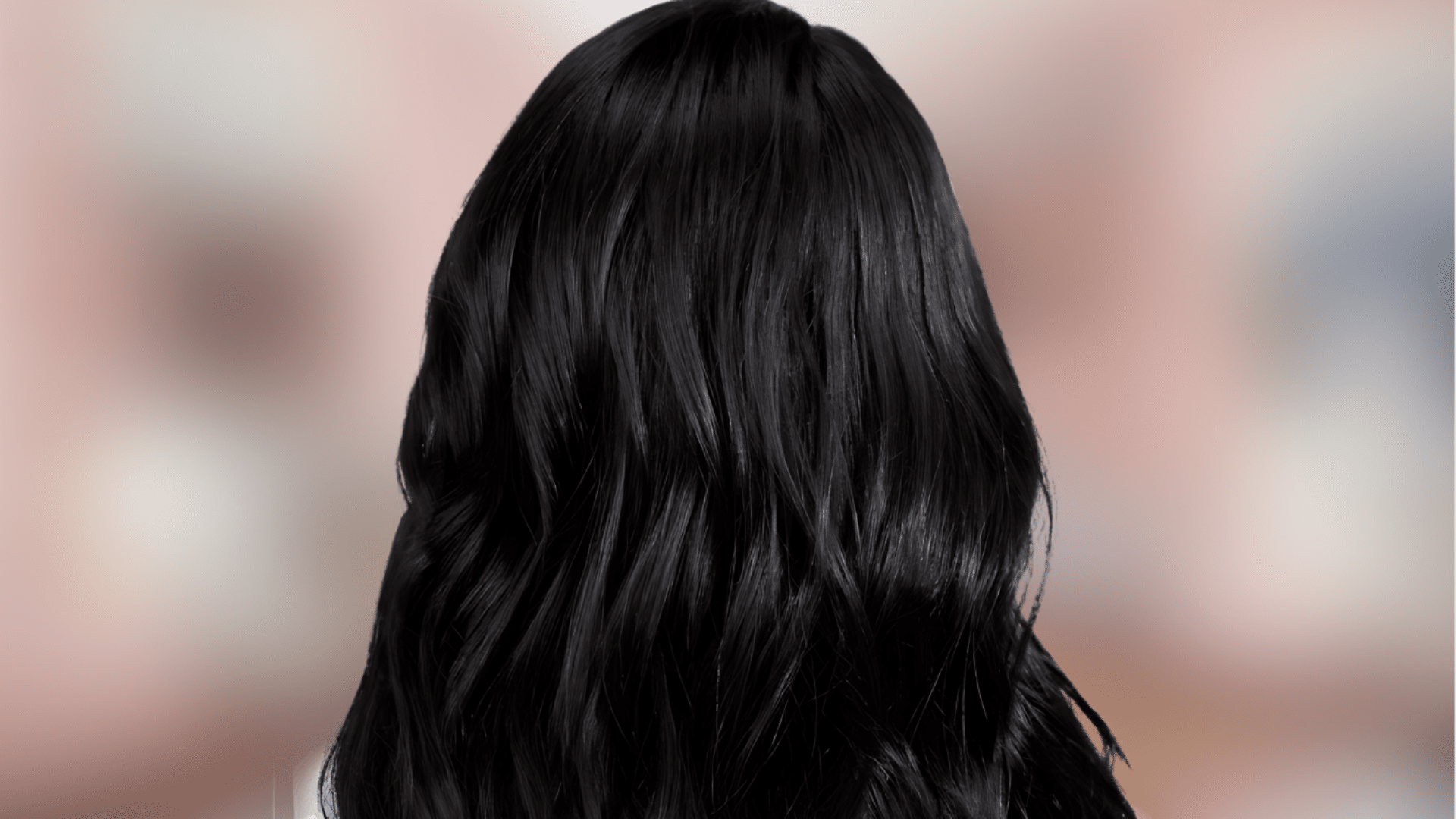 Wavy shoulder length hair showing intense deep black shade with a glossy finish