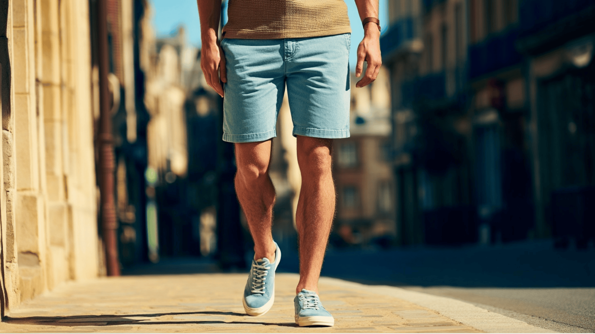 Man wearing blue denim shorts with a casual oversized sweatshirt and slip on shoes.