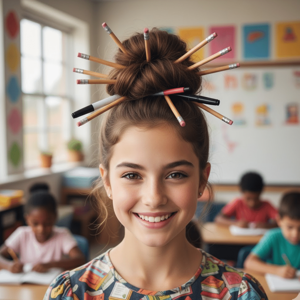 Girl with a bun decorated using pencils for a creative back to school hairstyle.