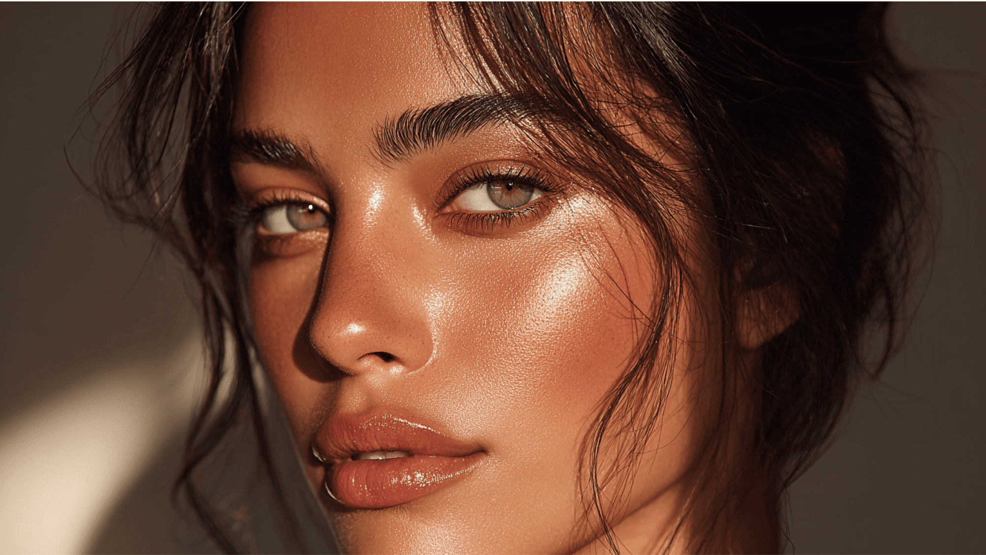 Dewy makeup style featuring luminous skin, glossy lips, and a radiant hydrated finish