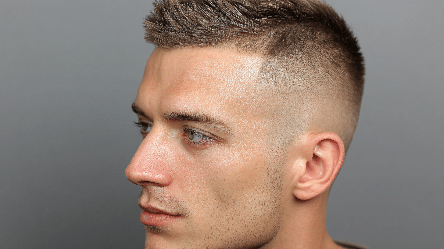 Man with a high and tight buzz fade haircut with short sides and textured top.
