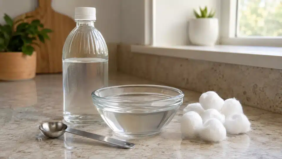 White vinegar solution, cotton balls, and bowl for removing hair dye stains.
