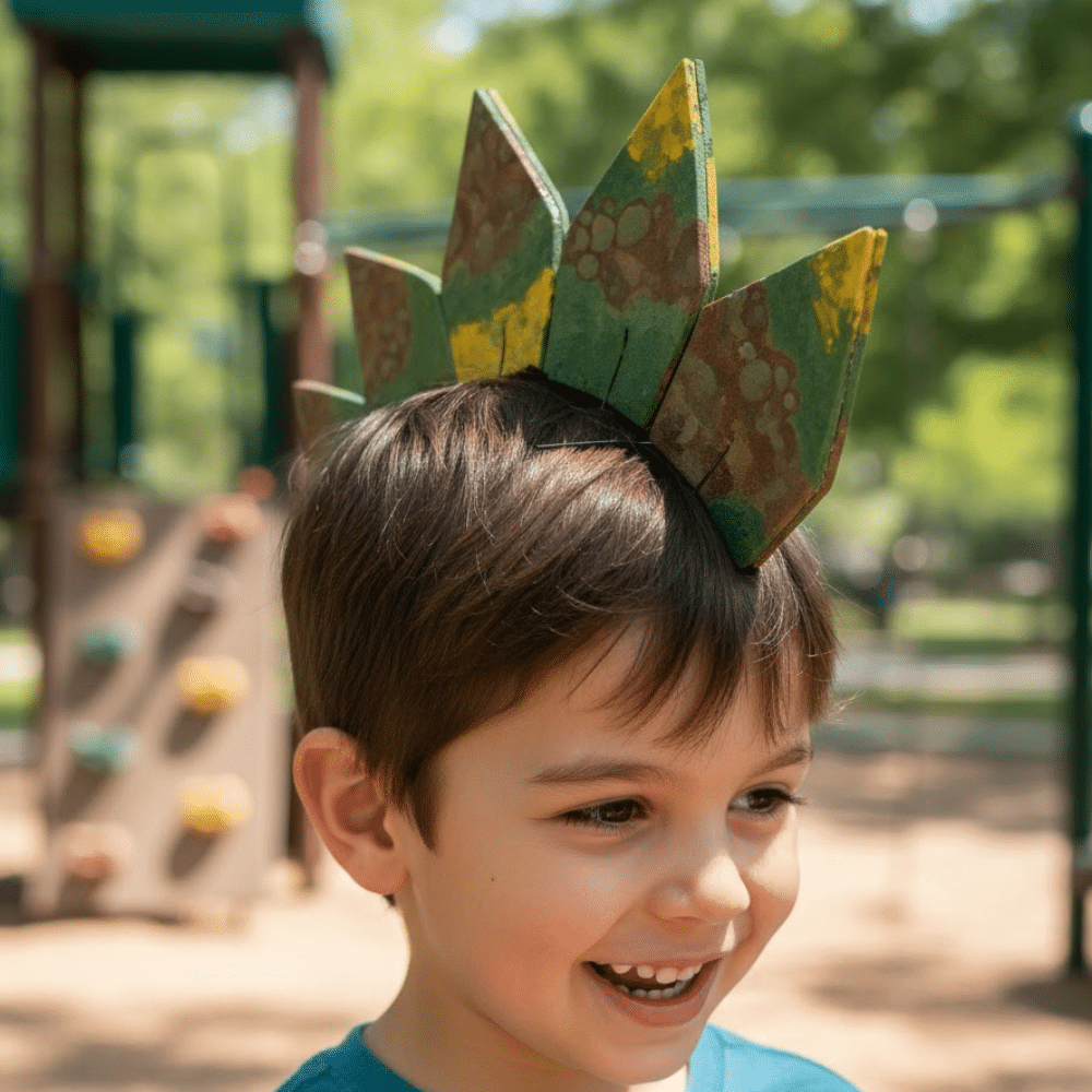 Child wearing a dinosaur spike crown hairstyle with a creative prehistoric themed look.