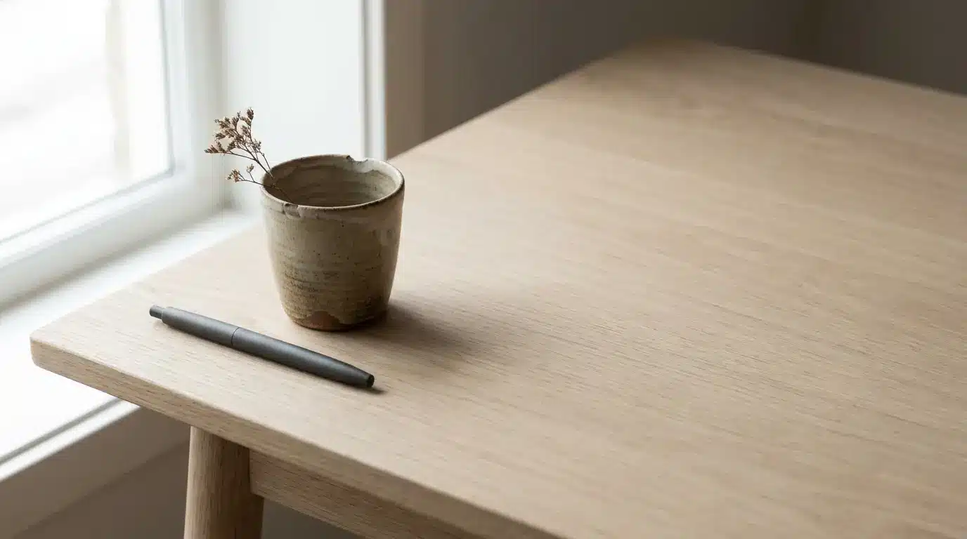 Ceramic cup with dried flowers and pen on light wooden desk near window