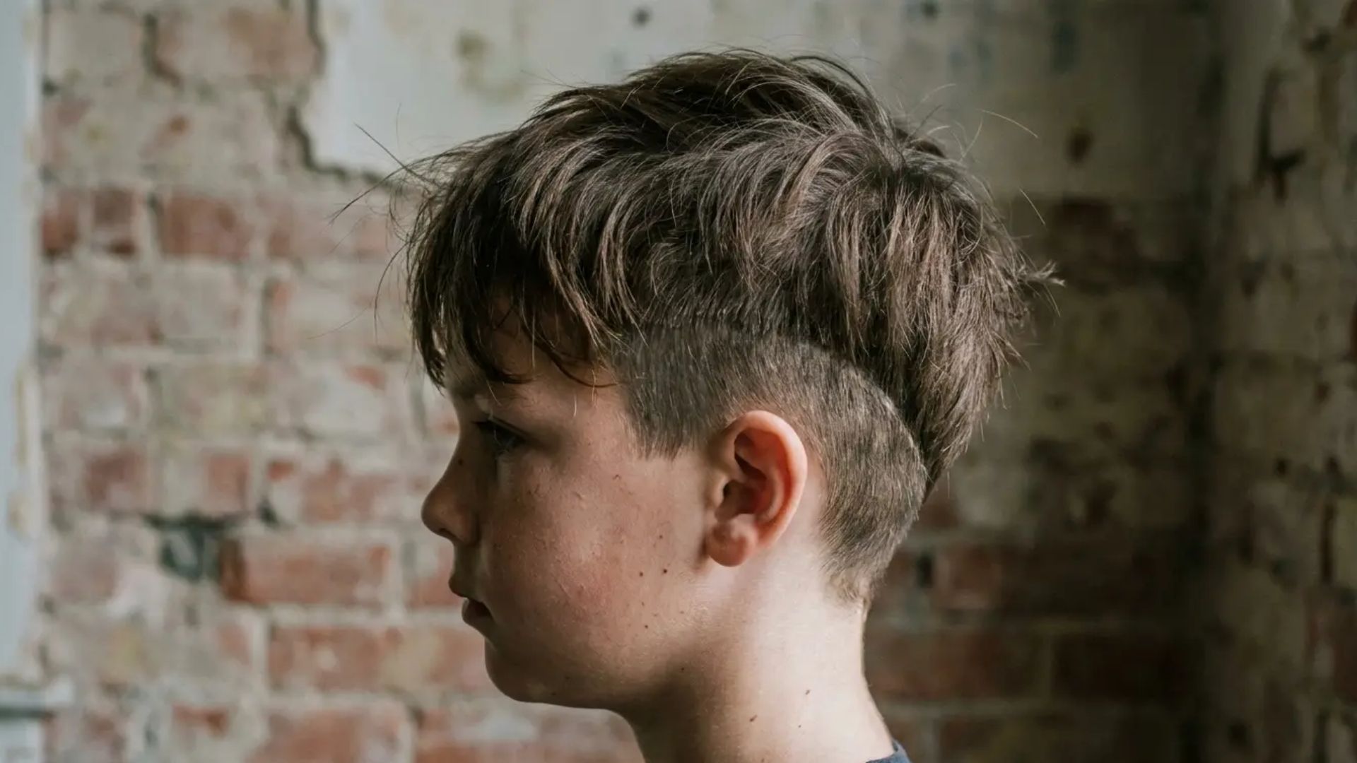 Boy with disconnected undercut hairstyle featuring shaved sides and longer textured top, shown in side profile against indoor brick background