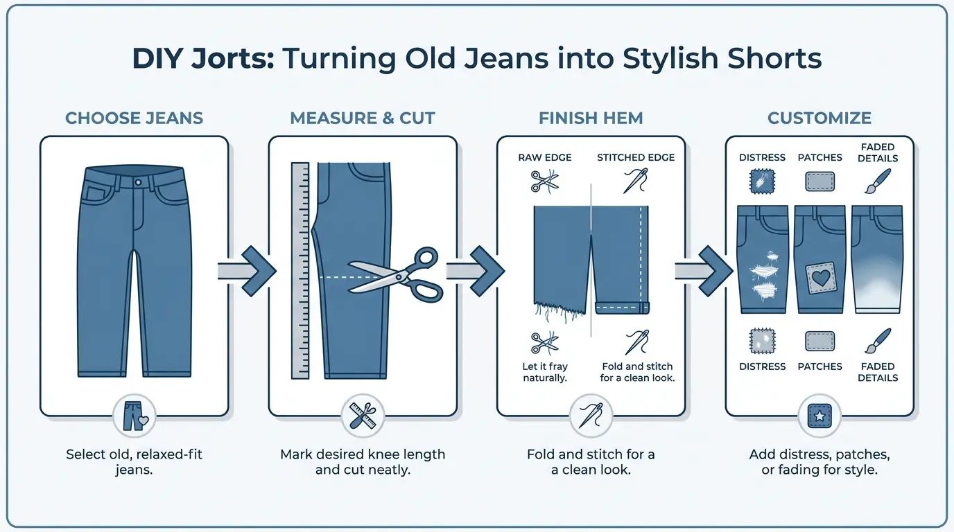 DIY infographic showing the basic steps to turn old jeans into jorts