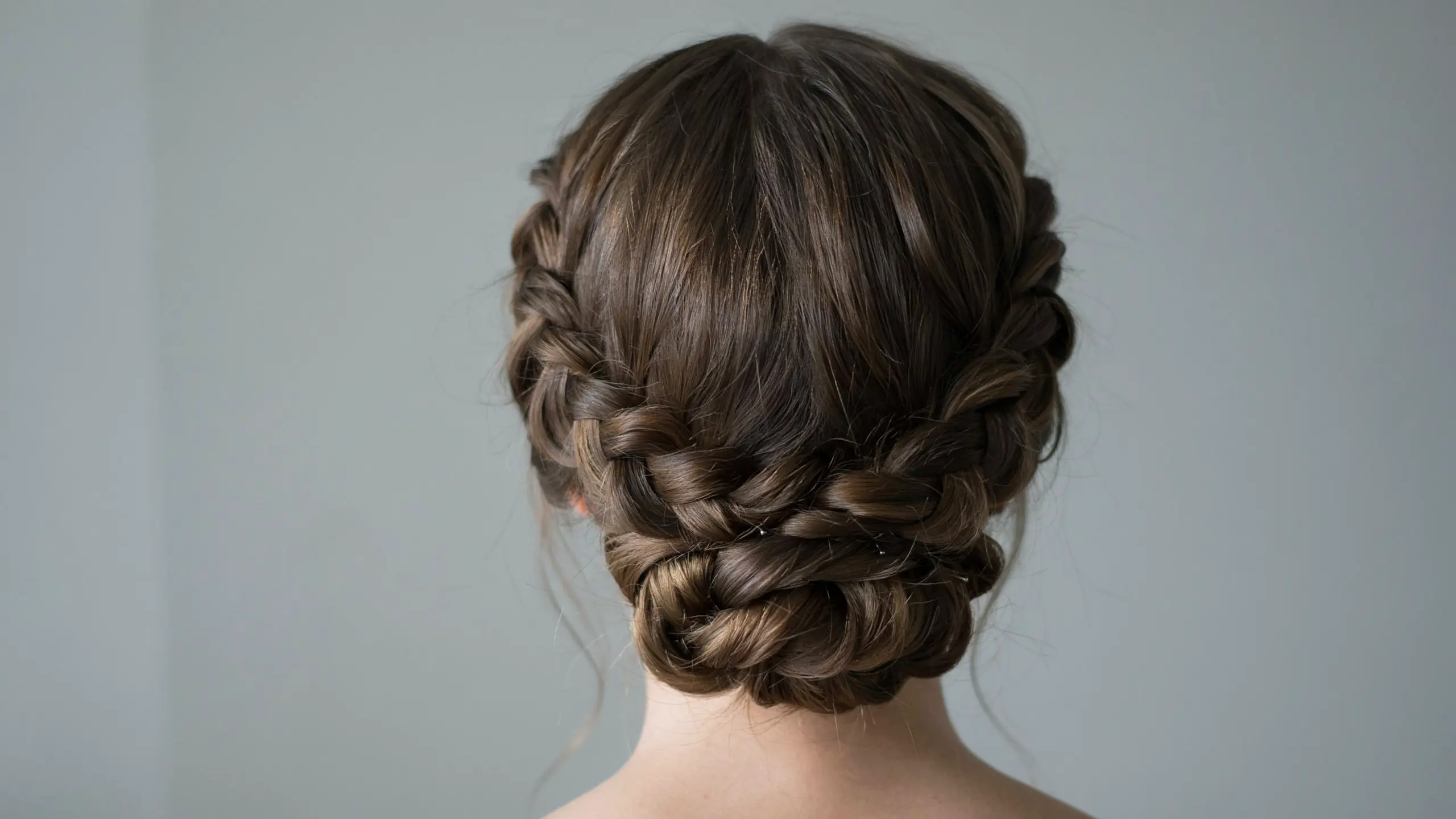 Double Dutch braid updo hairstyles gathered into a low bun
