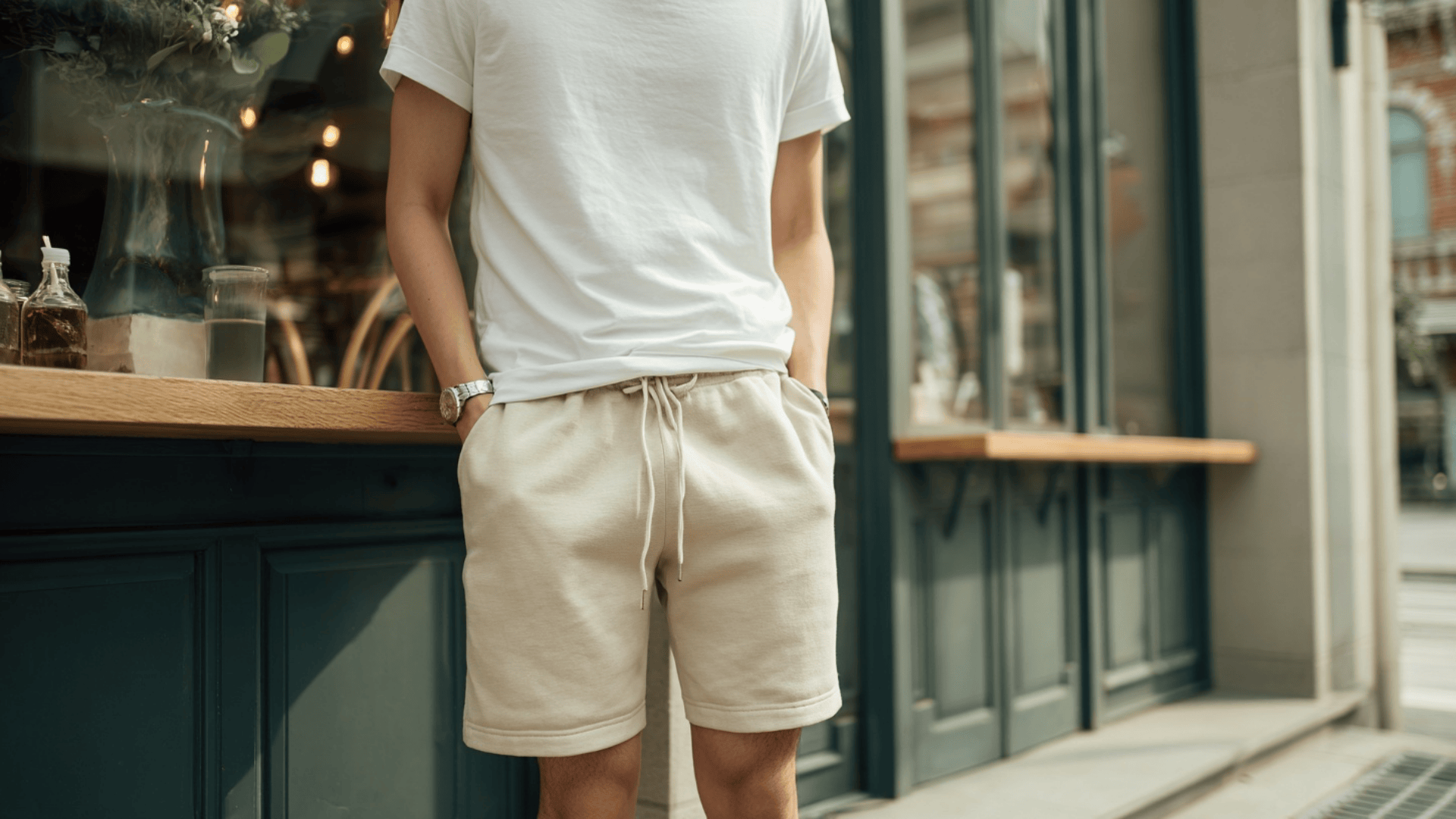 Man wearing cotton drawstring shorts with a casual shirt for a comfortable summer look.