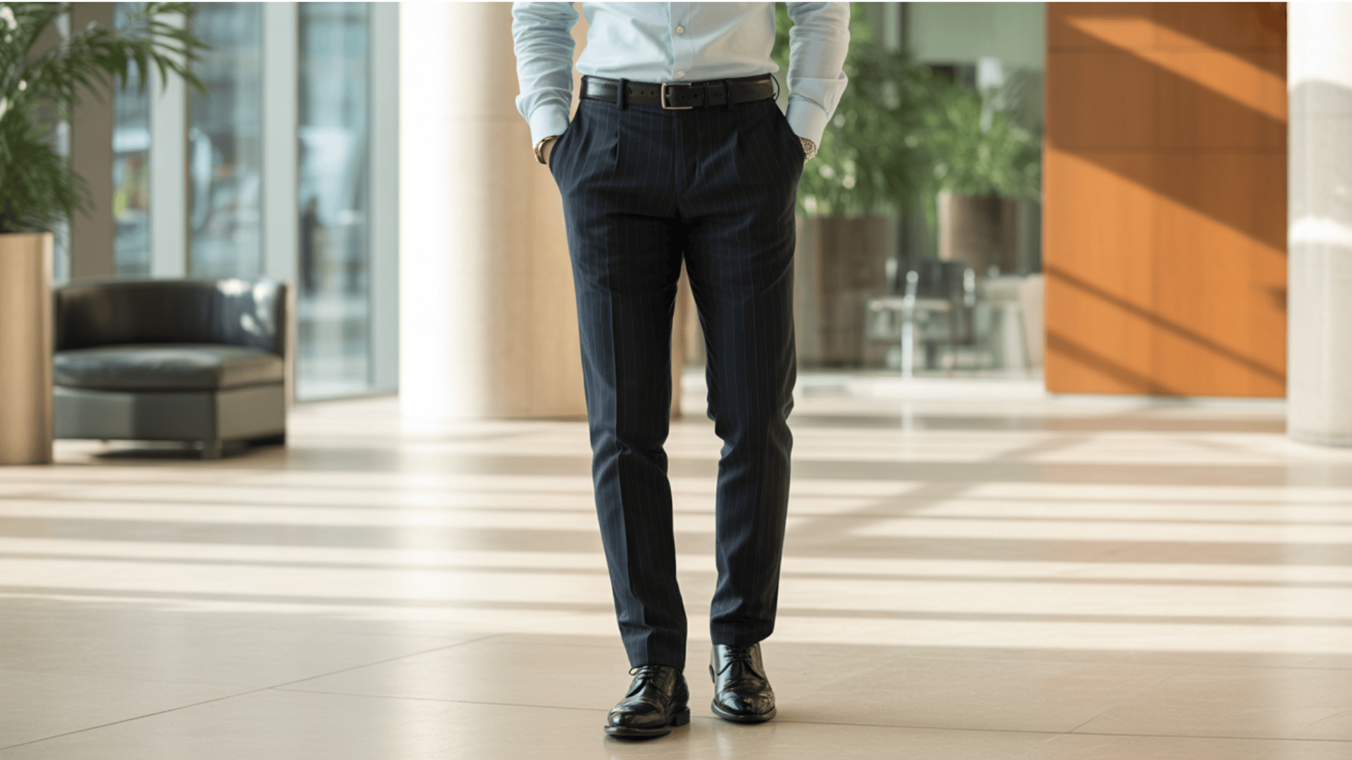 Classic fit wool grey dress pants for men paired with belt