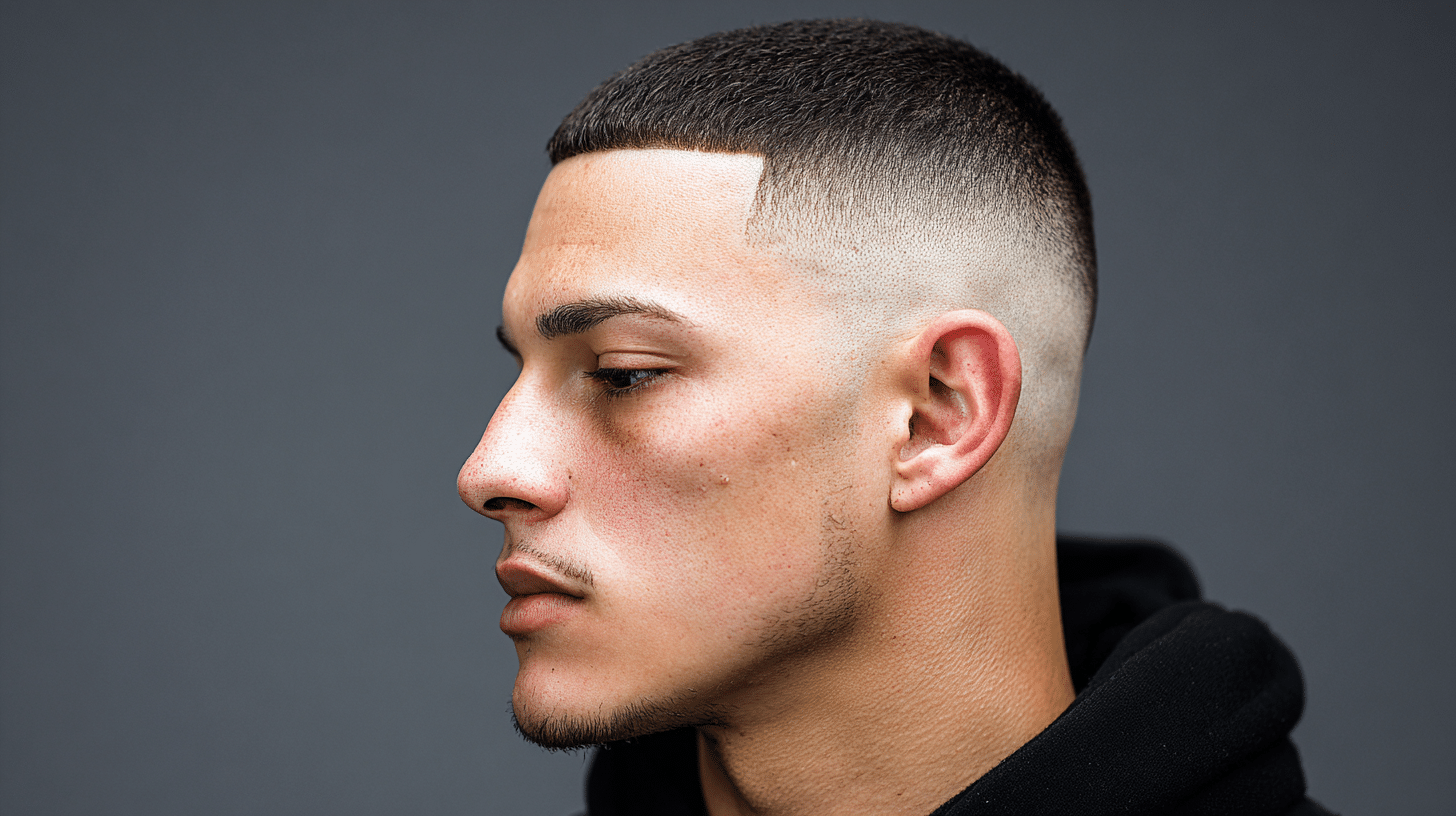 Man with a drop fade buzz cut featuring a curved fade behind the ear.
