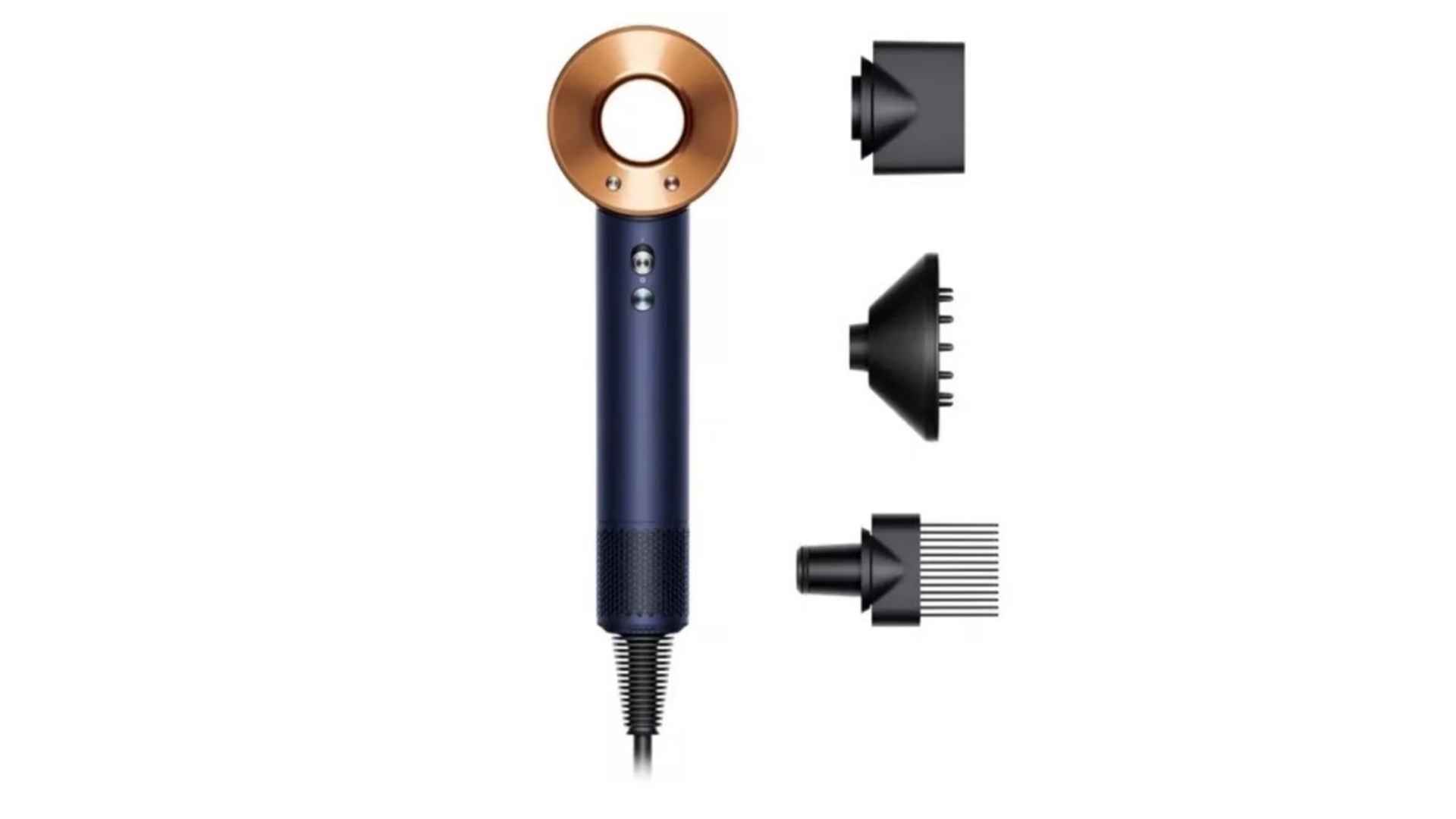 Dyson Supersonic hair dryer in white and silver on a plain background