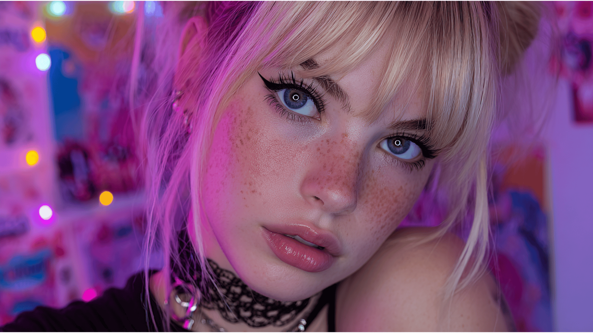 E girl makeup featuring bold eyeliner, rosy blush, glossy lips, and playful youthful details