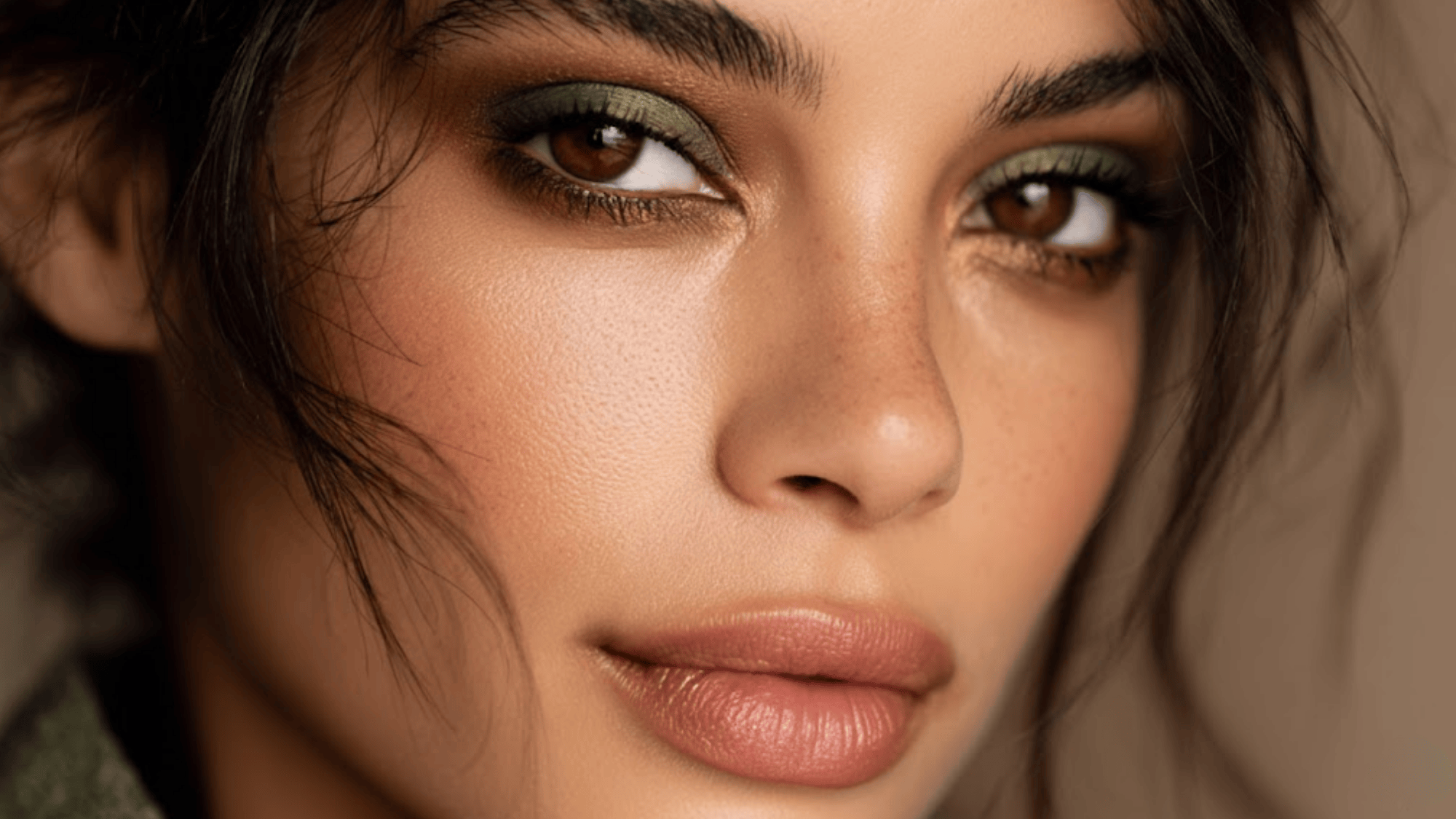 Woman wearing olive green eyeshadow with warm bronze tones and natural earthy eye makeup.
