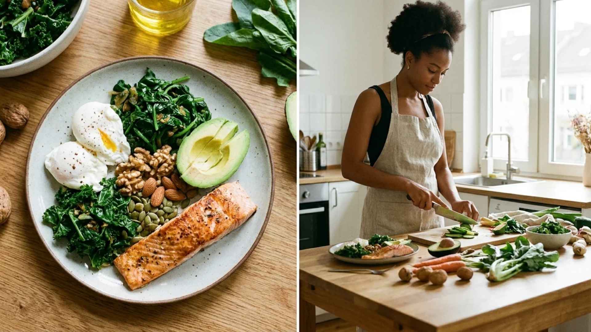 Healthy hair foods including eggs, greens, nuts, and protein rich ingredients on table