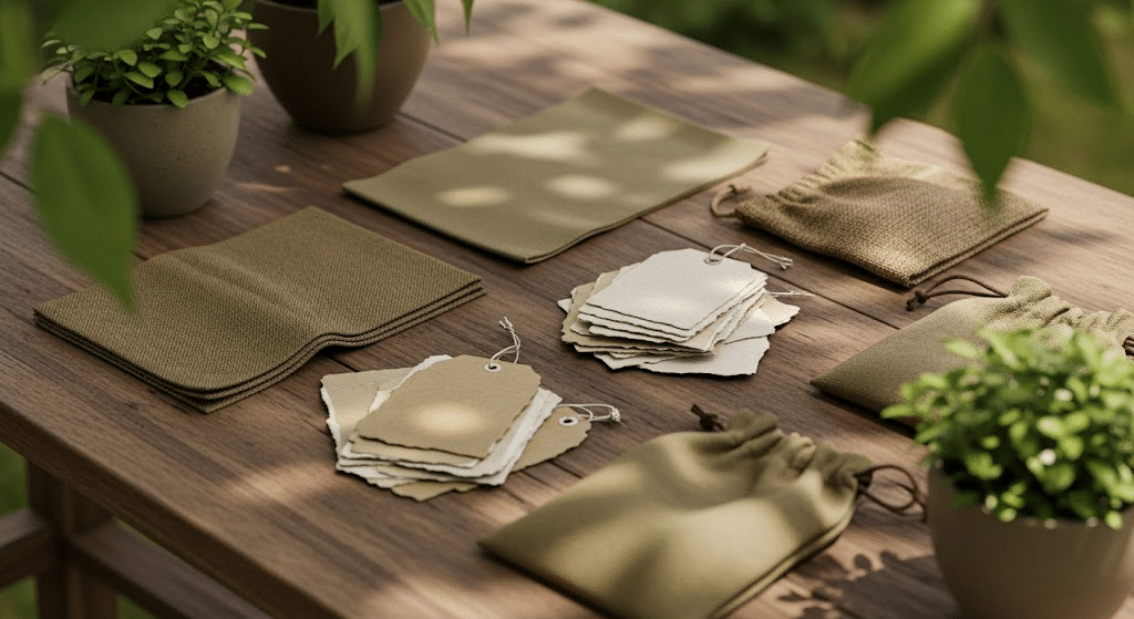 Khaki fabric swatches and eco friendly packaging materials highlighting natural branding and sustainable design.