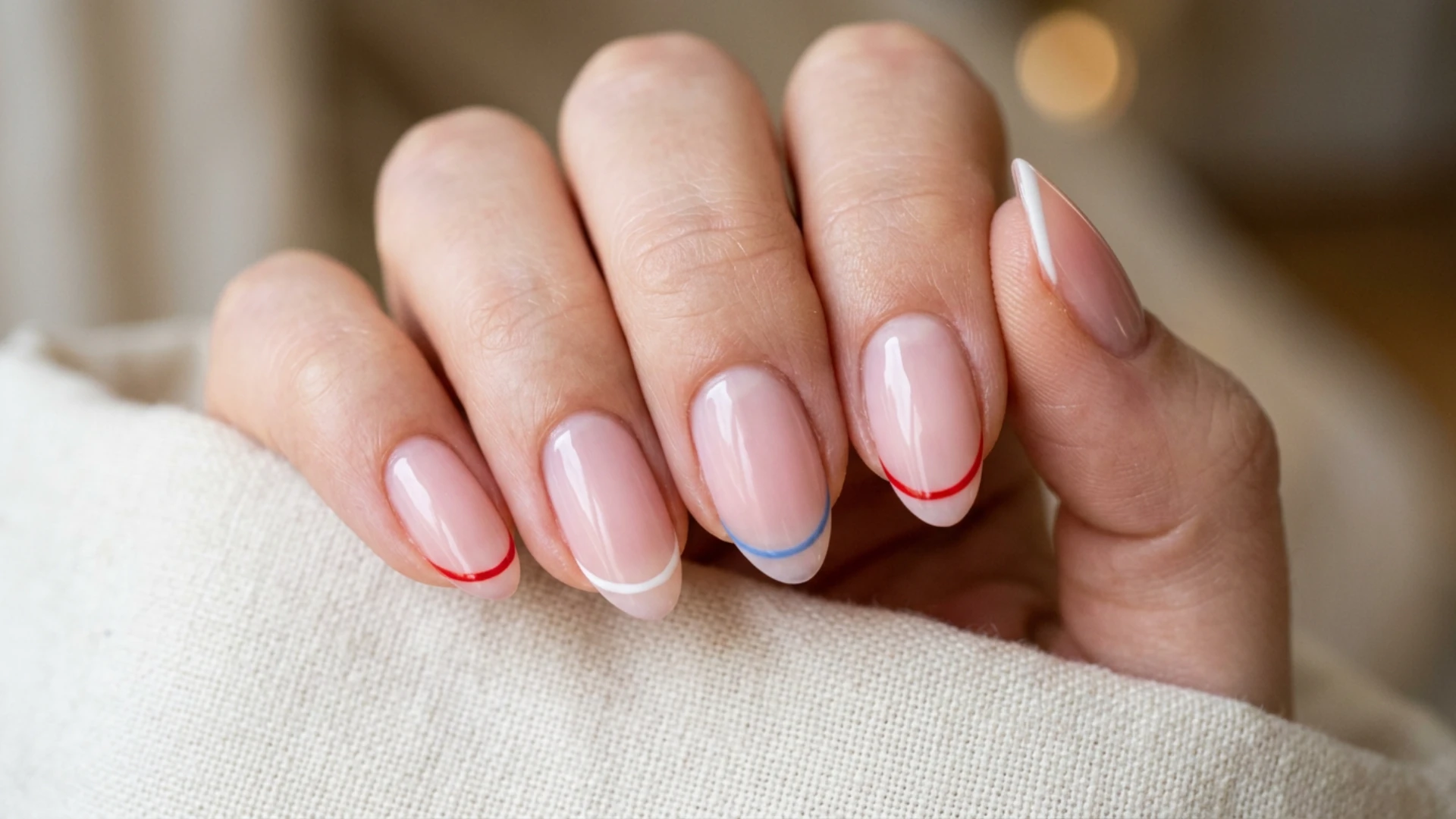 Close view of elegant nude nails decorated with colorful French tips creating a simple modern nail art style