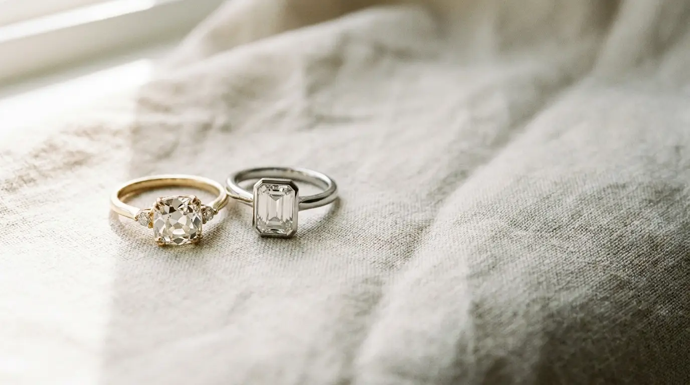 Two diamond engagement rings on textured beige fabric in soft natural light