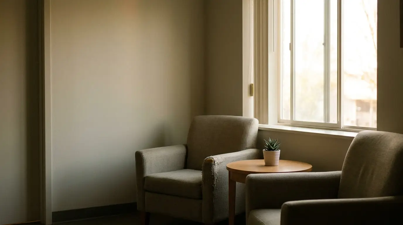 Gray armchairs beside a round wooden table with a small plant in a softly lit room