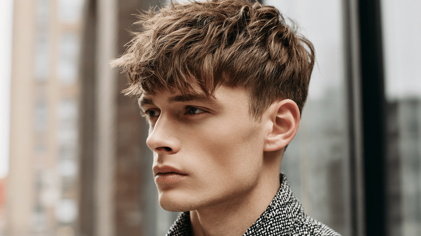 Man with textured French crop haircut featuring short sides and forward fringe