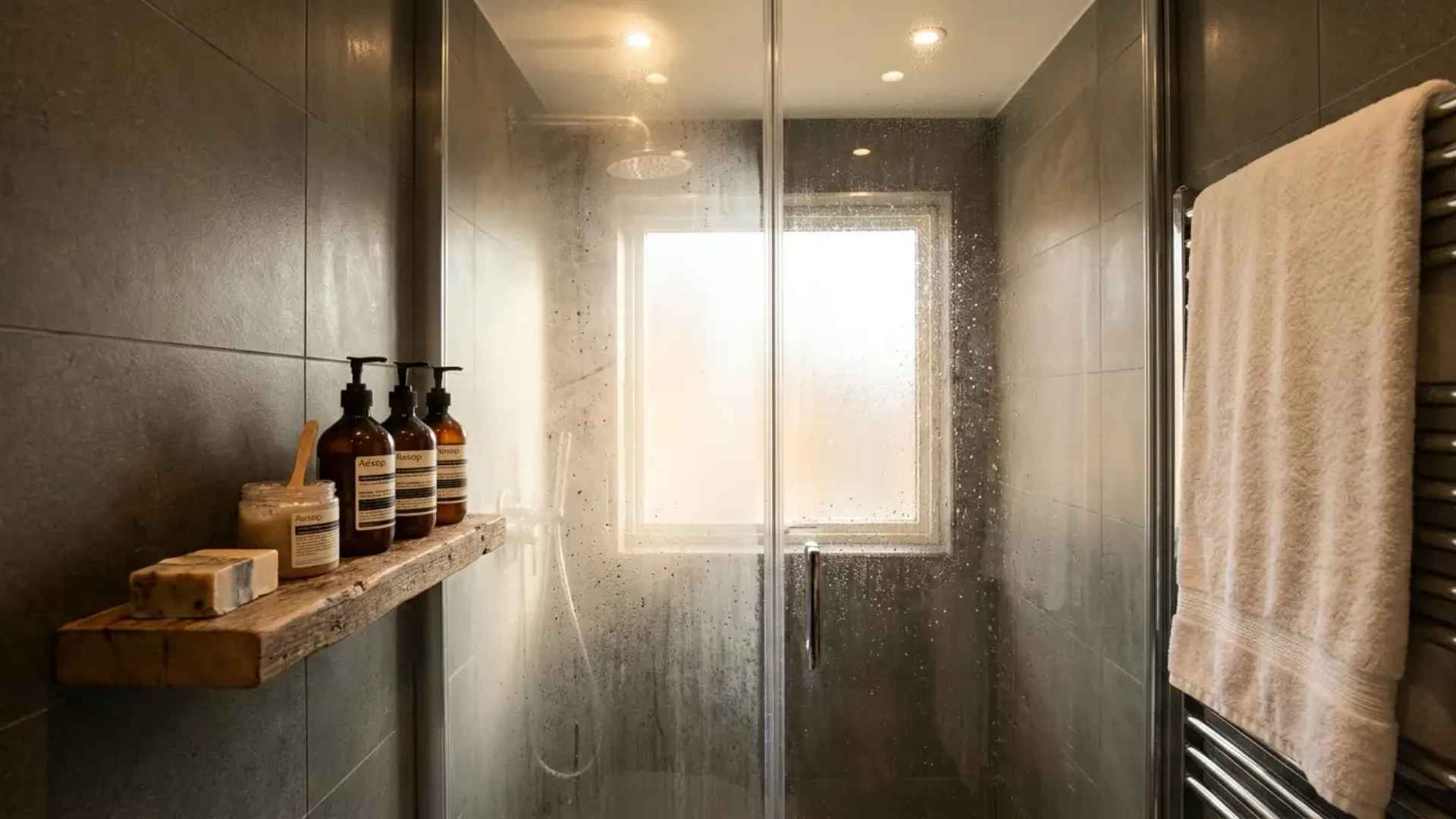 Steamy modern bathroom shower with shampoo, scrub, and a folded towel on a wooden shelf.