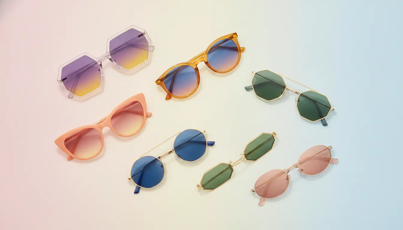 Colorful sunglasses arranged on pastel background in various shapes including hexagonal and round