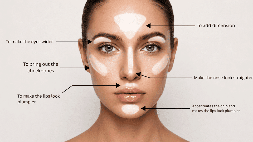 Face highlighting placement chart showing makeup application areas for adding dimension, defining cheekbones, nose, eyes, lips, and chin