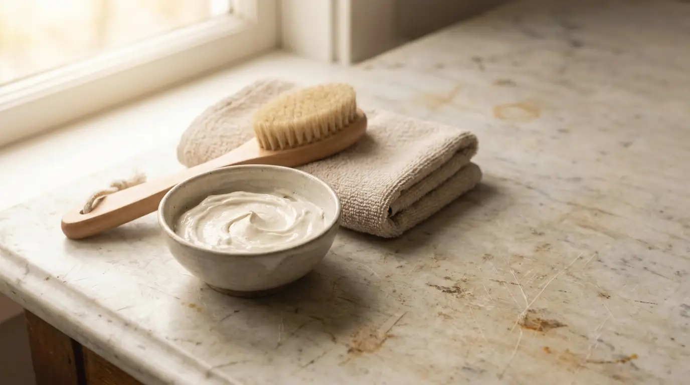 Ceramic bowl of cream beside natural brush and folded towel on marble counter
