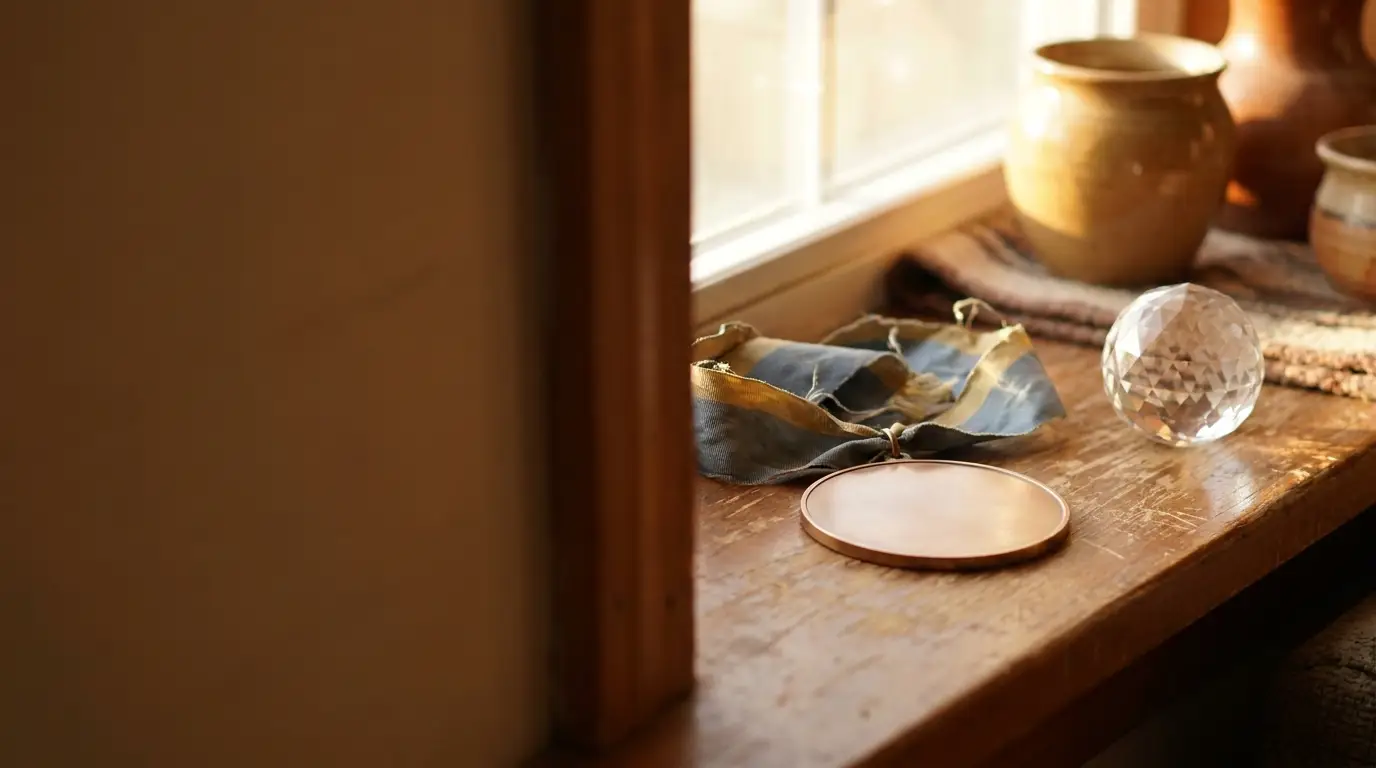Crystal ball and pottery on wooden windowsill in warm sunlight